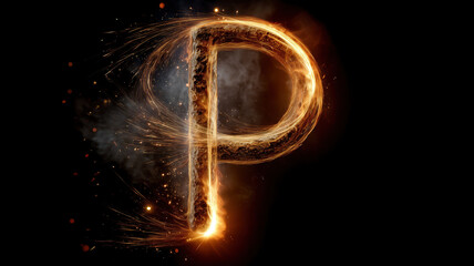 Letter 'P' ablaze with fiery trails and sparks, set against a stark black background. Hot orange and dynamic abstract art.