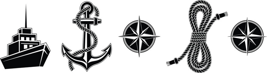 Black and white nautical illustration set featuring ship, anchor with rope, compass symbols, and coiled rope, representing maritime themes, navigation, sailing, and ocean adventure. © Ashikur