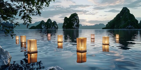 Serene lantern festival on calm waters at scenic mountain lake evening tranquility nature's beauty