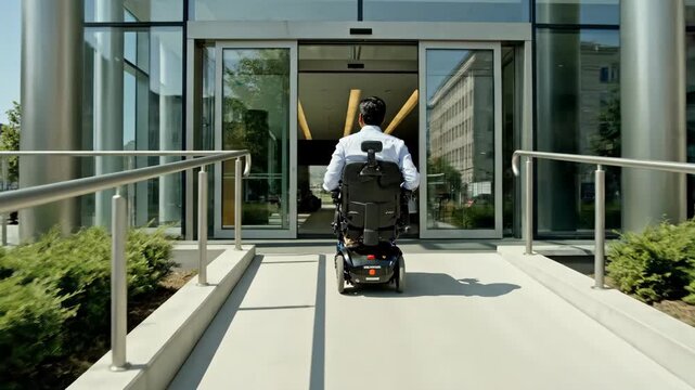 Man in a motorized wheelchair driving up a concrete ramp towards a modern office entrance. Disabled professional entering a building. Accessibility and independence concept