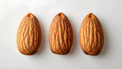 Three almonds arranged neatly on a clean white backdrop creating a minimal product shot for packaging