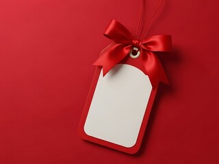 Beautiful red gift tag with ribbon on red background