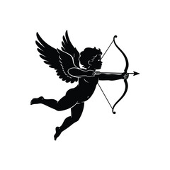 Fototapeta premium Black silhouette of cupid with bow and arrow on transparent background