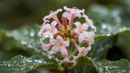 Close-up of pink blossoms with dew drops on green leaves