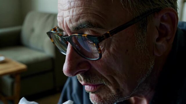 Elderly man wipes nose with tissue indoors sad elderly man