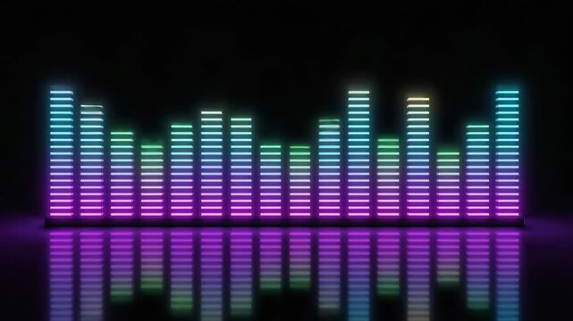 Cinematic 4K seamless loop of glowing music equalizer bars with floor reflection.