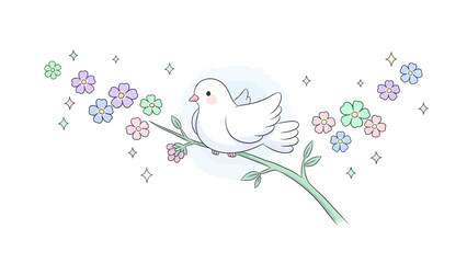 White bird sitting on a flowering branch with colorful blooms and sparkles 