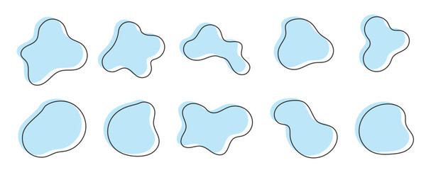 Organic shape round form set. Liquid organic blob. Abstract organic blob shapes vector irregular figures isolated on transparent background. Black cube drops. Various shapes of irregular blobs