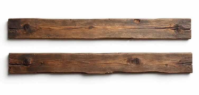 Two weathered wooden planks, old and textured with knots and cracks. Ready for custom text or design. Rural or vintage background element. Isolated.