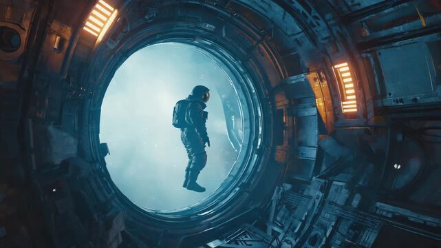 Cinematic 4K dolly shot of astronaut looking through window at star-filled galaxy.