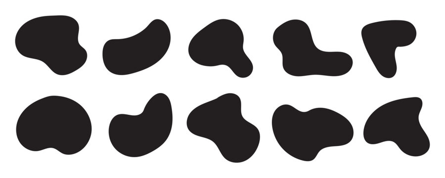 Organic shape round form set. Liquid organic blob. Abstract organic blob shapes vector irregular figures isolated on transparent background. Black cube drops. Various shapes of irregular blobs