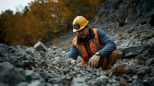 Geologist Inspecting Rocky Terrain on Active Excavation Site Wearing Safety Helmet Showing Field Research Mineral Exploration and Manual Analysis