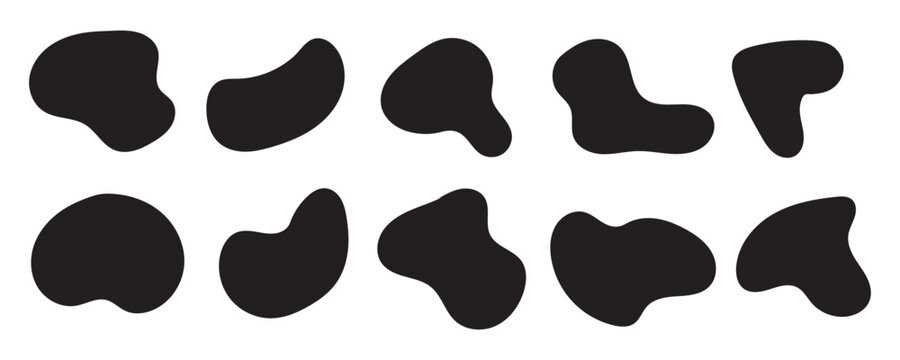 Organic black blobs of irregular shape. Abstract blotch, inkblot and pebble silhouettes, simple liquid amorphous elements. Organic blob shapes collection