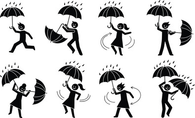 Playful stick-figure people using umbrellas in windy rainy weather, showing humorous motion, storm challenges, rain protection, outdoor activity, and dynamic movement illustration