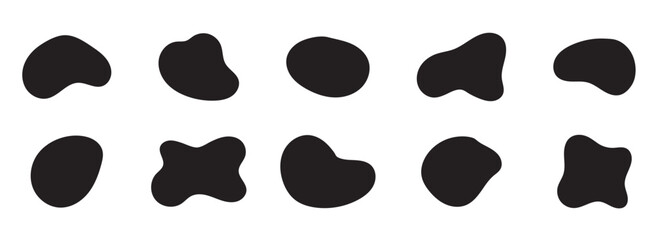 Organic black blobs of irregular shape. Abstract blotch, inkblot and pebble silhouettes, simple liquid amorphous elements. Organic blob shapes collection