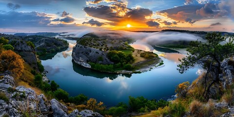 Sunset over river valley nature landscape photography serene viewpoint tranquil environment