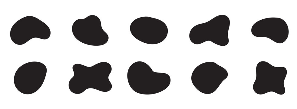 Organic black blobs of irregular shape. Abstract blotch, inkblot and pebble silhouettes, simple liquid amorphous elements. Organic blob shapes collection