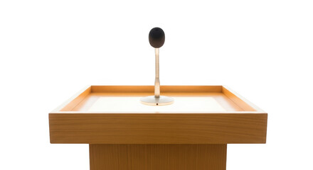 Wooden podium with microphone on black background lectern speech