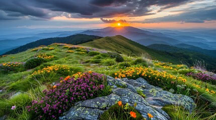 Sunset over mountain landscape with wildflowers scenic view nature photography tranquil environment horizon perspective