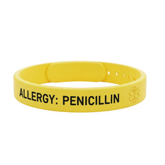 Yellow medical alert bracelet with penicillin allergy text and symbol medical symbol