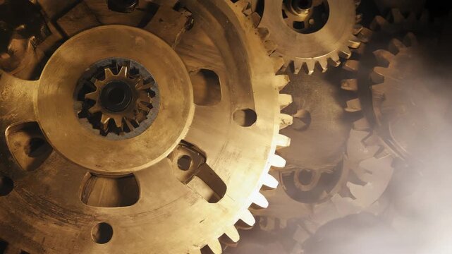 Slow, continuous push-in dolly shot gradually moves towards the main set of rotating gears The interlocking gears smoothly and continuously rotate, each moving at its own consistent speed 4K