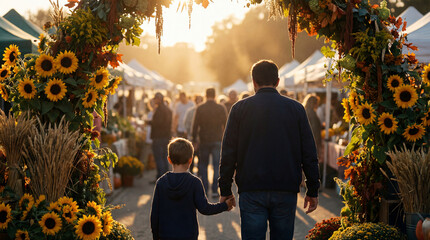 Father and son walking through autumn market archway at sunset