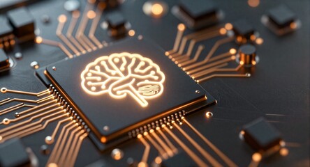 Neon brain chip on circuit board, glowing circuits connect futuristic AI technology.