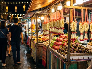 Obraz premium Night market bustling with activity, showcasing vibrant stalls and fresh produce