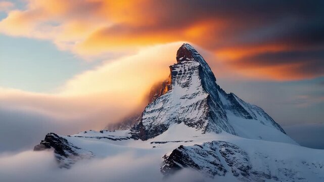 Cinematic 4K lateral dolly time-lapse of sunset to twilight over a snowy mountain ridge.