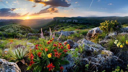 Sunset in nature with vibrant wildflowers scenic landscape tranquil environment panoramic view