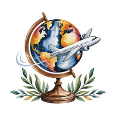  A gleaming airplane appears to fly around a colorful globe, suggesting themes of travel and exploration