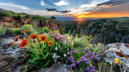Vibrant wildflower bloom at sunset overlooking mountain landscape nature scene scenic view