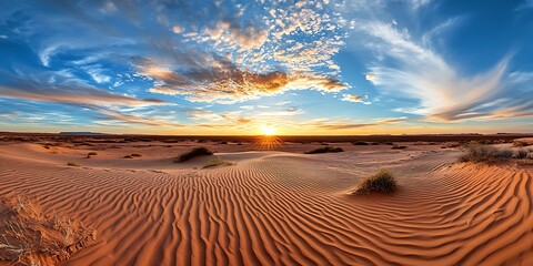Sunset over sand dunes desert landscape nature photography peaceful environment wide-angle view serenity concept