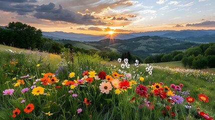 Sunset over colorful flower field mountain landscape nature photography serene environment wide angle view beauty in nature