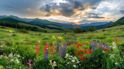 Breathtaking nature landscape at sunset mountain valley scenic photography vibrant wildflowers peaceful environment