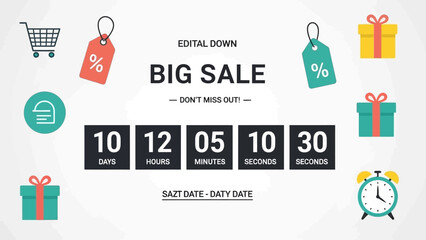 Big Sale Countdown Banner with Digital Timer, Price Tags, Gift Boxes, and Shopping Cart Icons for Limited Time Promotional Event