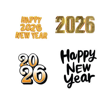 Happy New Year 2026 Colorful and Gold Typography Vector Set
