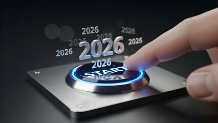 Hand holding a digital start button with text 2026 new year