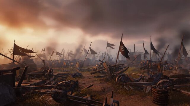Slow, steady drone pull-back shot, slowly ascending and revealing more of the vast, desolate battlefield A cold, persistent wind visibly sweeps across the scorched land, causing the tatte 4K