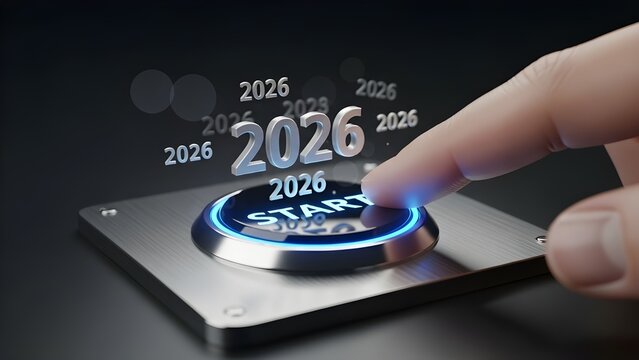 Hand holding a digital start button with text 2026 new year - Powered by Adobe