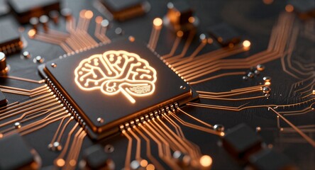 Neon brain chip on circuit board, glowing circuits connect futuristic AI technology.
