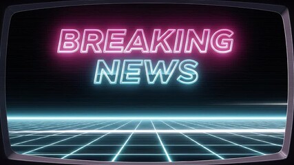 Retro television screen displaying vibrant neon breaking news with futuristic grid lines a modern aesthetic and a dark atmospheric background