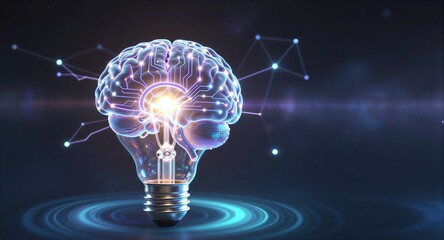 Brain inside light bulb, glowing circuits, futuristic neural network on dark cosmic background.