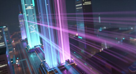 Futuristic cityscape at night, glowing skyscrapers radiating vibrant neon lights and laser beams.