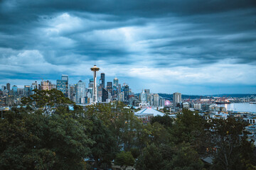 Seattle skyline at dusk with dramatic cloudscape, Washington State, USA