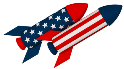 Two patriotic rockets adorned with american flag designs ready for celebration isolated on transparent background