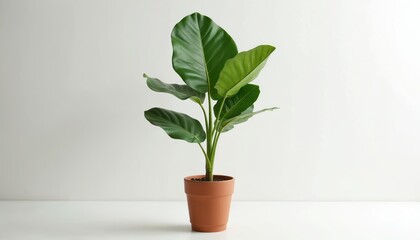 Tall green fiddle leaf fig plant in terra cotta pot sits on white surface. Large lush leaves create natural accent for modern interior design. Healthy houseplant adds life and elegance.