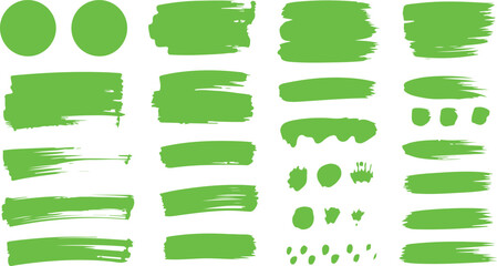 A vibrant collection of hand drawn green paint brush strokes, splatters, and oval shapes on white