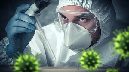 Scientist man working with dangerous virus samples in laboratory, wearing protective equipment, researching infection, biohazard risk, medical science, safety control and health threat concept
