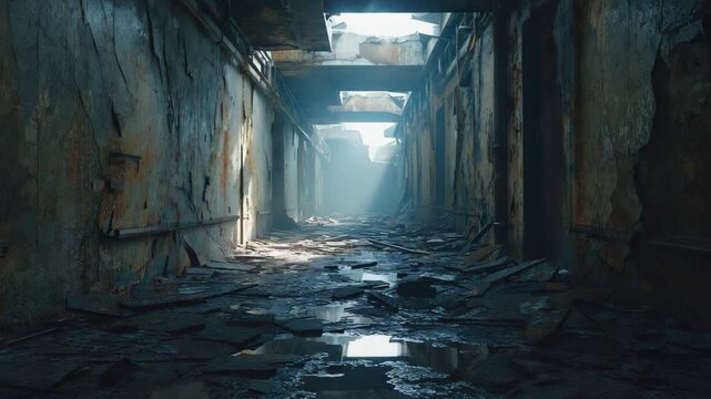 Slow, subtle push-in dolly shot down the abandoned, decaying post-apocalyptic hallway The camera glides forward, subtly revealing more of the littered floor and the decaying walls The vo 4K